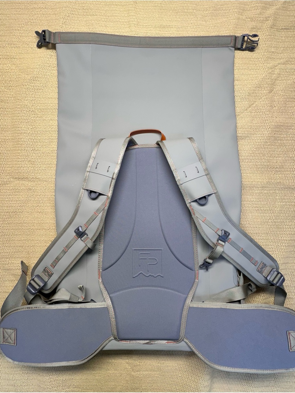 Fishpond Light Gray Roll-Top Backpack with Tan Strap Accents - Picture 3 of 9